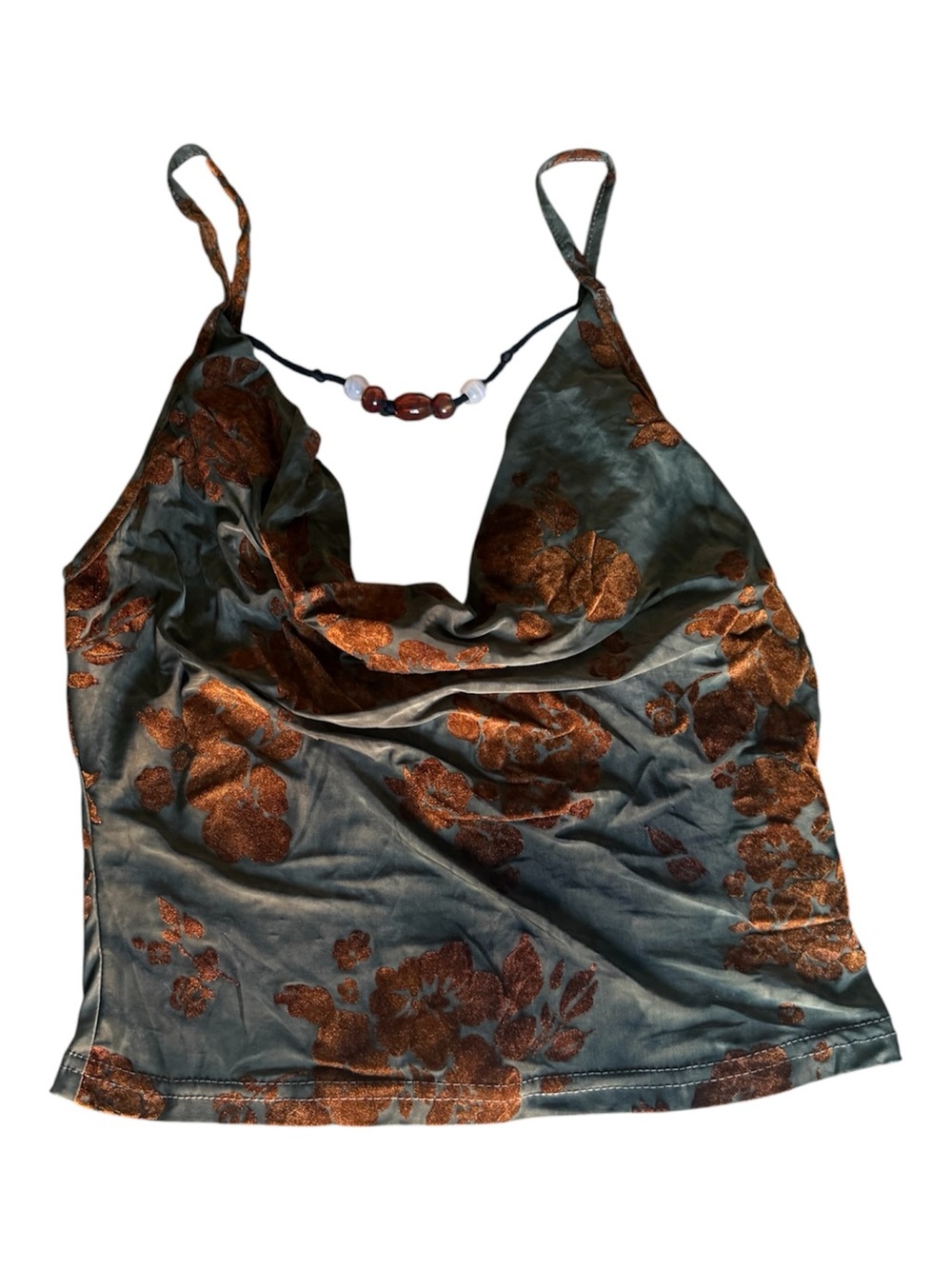 Satin Floral Cowl Neck Camisole in Olive Green and Copper